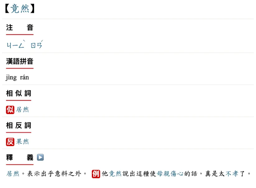 教育部重編國語辭典:竟然解釋